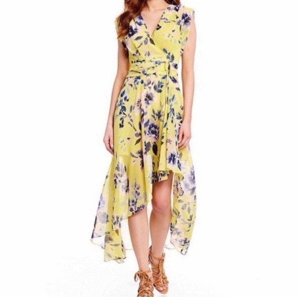 Eliza J Floral Print High Low Chiffon Yellow Floral Dress 6 - Picture 2 of 16